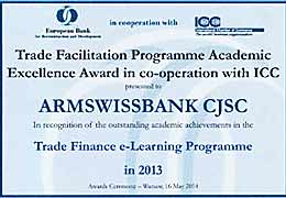 EBRD presents Trade Facilitation Programme Academic Excellence Award to ArmSwissBank in recognition of outstanding academic achievements in Trade Finance e-Learning Programme